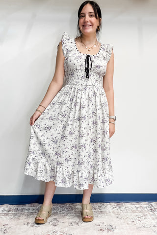 Entro Lavender floral print dress scoop neck ribbon accent D25735