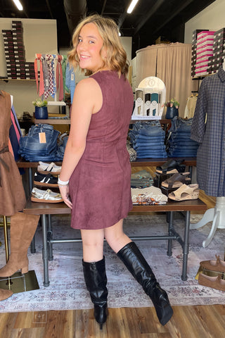 Entro merlot maroon sleeveless faux suede mini dress horse bit charms d33219 side view