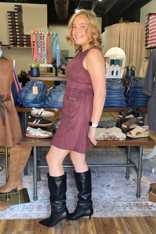 Entro merlot maroon sleeveless faux suede mini dress horse bit charms d33219 side view