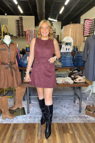 Entro merlot maroon sleeveless faux suede mini dress horse bit charms d33219 front view