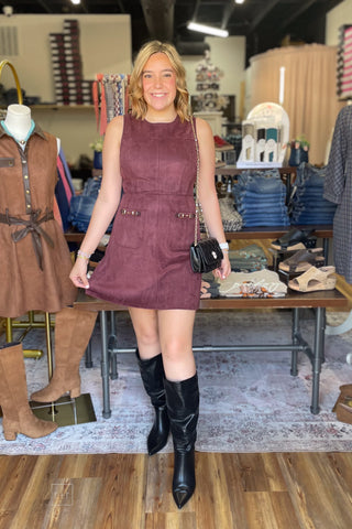 Entro merlot maroon sleeveless faux suede mini dress horse bit charms d33219 front view showing purse option