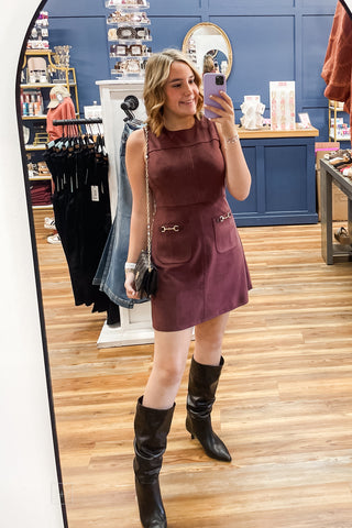 Entro merlot maroon sleeveless faux suede mini dress horse bit charms d33219 mirror selfie