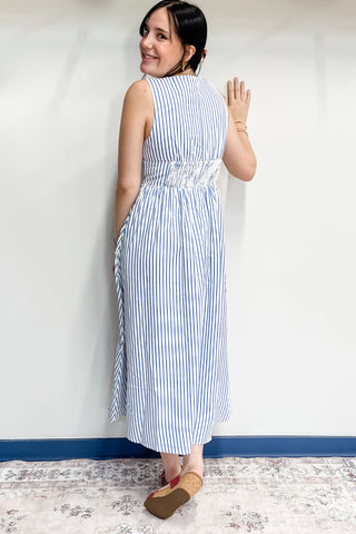 Entro Blue Striped Sleeveless Midi Dress Empire Waist Bow Detail D27322