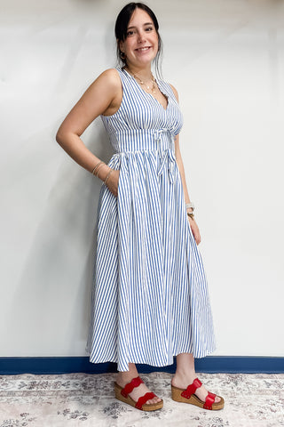Entro Blue Striped Sleeveless Midi Dress Empire Waist Bow Detail D27322