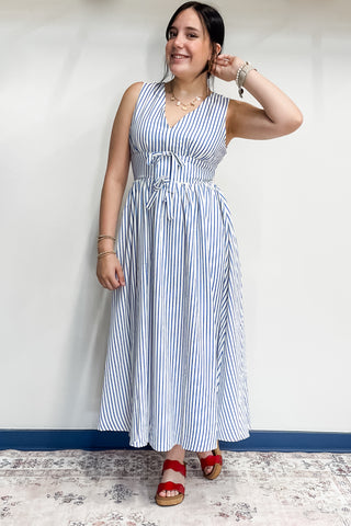 Entro Blue Striped Sleeveless Midi Dress Empire Waist Bow Detail D27322