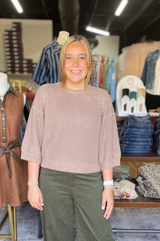 Entro mocha knit short sleeve sweater with silver shoulder embellishments T33464 front view