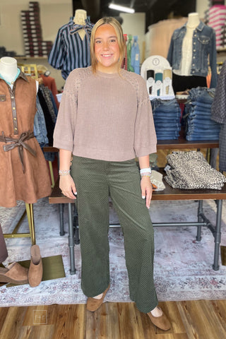 Entro mocha knit short sleeve sweater silver shoulder embellishments T33464 paired with Wishlist micro polka dot wide leg pants front view