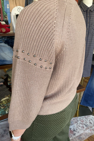Entro mocha knit short sleeve sweater silver shoulder embellishments T33464 up close stud detail