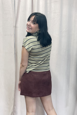 Entro short sleeve mock neck knit top navy stripe on taupe T27984