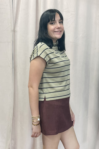 Entro short sleeve mock neck knit top navy stripe on taupe T27984