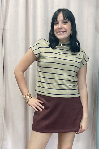 Entro short sleeve mock neck knit top navy stripe on taupe T27984