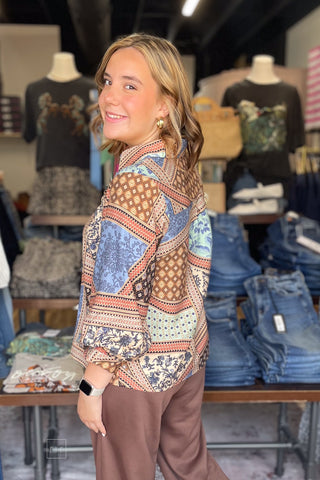 Entro Multicolor Floral Geometric Print Fall Transition Collared Blouse 3/4 length billowy sleeves T32911 back view
