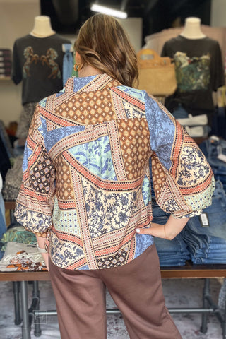 Entro Multicolor Floral Geometric Print Fall Transition Collared Blouse 3/4 length billowy sleeves T32911 back view