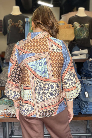 Entro Multicolor Floral Geometric Print Fall Transition Collared Blouse 3/4 length billowy sleeves T32911 back view