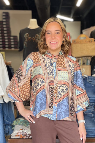 Entro Multicolor Floral Geometric Print Fall Transition Collared Blouse 3/4 length billowy sleeves T32911 front view