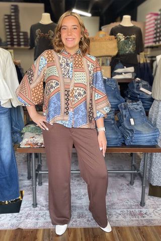 Entro Multicolor Floral Geometric Print Fall Transition Collared Blouse 3/4 length billowy sleeves T32911 front view full outfit