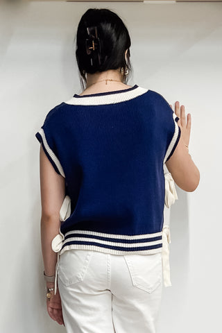 Entro Navy Short Sleeve Sweater Cream Trim Side Tie Detail T25376