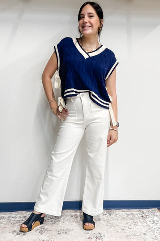 Entro Navy Short Sleeve Sweater Cream Trim Side Tie Detail T25376