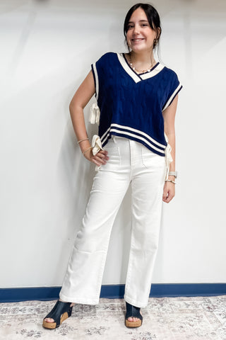 Entro Navy Short Sleeve Sweater Cream Trim Side Tie Detail T25376