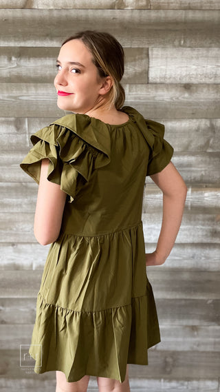 entro olive tiered mini dress with ruffle sleeves & v-neckline D21476