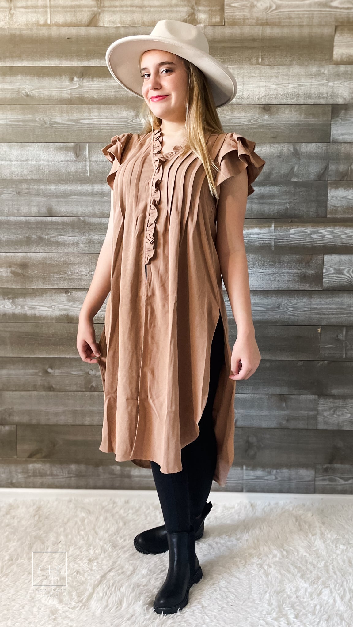 entro camel long button front tunic side slits & ruffle sleeves T20895