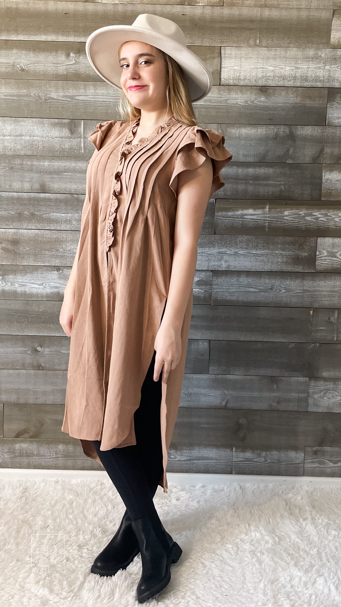 entro camel long button front tunic side slits & ruffle sleeves T20895