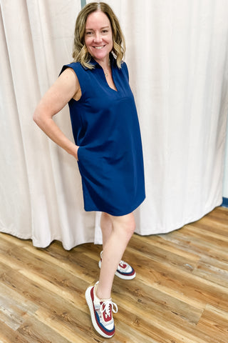 Entro Textured Sleeveless ALine Mini Tennis Dress Navy D23455