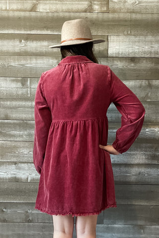 jodifl burgundy corduroy babydoll mini dress with long sleeves R40512