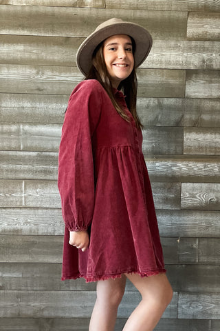 jodifl burgundy corduroy babydoll mini dress with long sleeves R40512