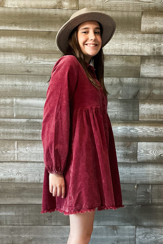 jodifl burgundy corduroy babydoll mini dress with long sleeves R40512