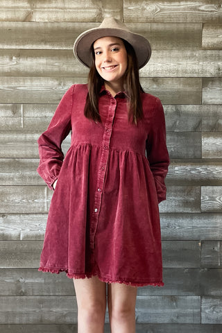 jodifl burgundy corduroy babydoll mini dress with long sleeves R40512