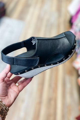 Corkys Footwear For Keeps Black Combo Wedge Sandal Stud Detail Velcro Closure