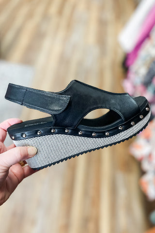 Corkys Footwear For Keeps Black Combo Wedge Sandal Stud Detail Velcro Closure