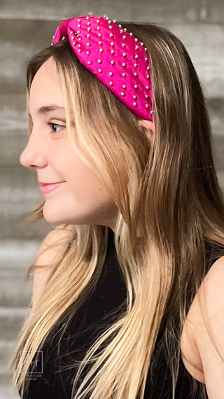 fuchsia knotted fashion headband with gold ball studs