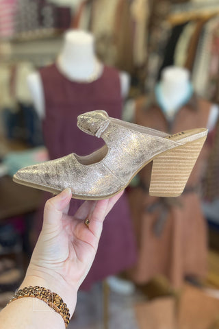 Corkys Knot Gonna Happen mule in gold, alternate side profile showing the backless slip-on mule design