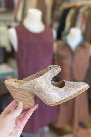 Corkys Knot Gonna Happen mule in gold, side profile showing the 3.75 inch heel and pointed closed toe