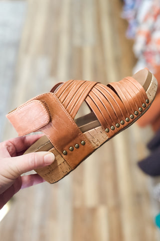 Corkys Footwear Good For You Low Heel Wedge Comfortable Cognac Brown Sandal