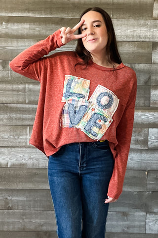 easel brick mineral wash rib knit long sleeve top with love patch design ET24790