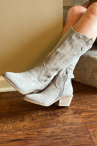 corkys footwear light grey headliner faux suede tall boots with flame stitching detail