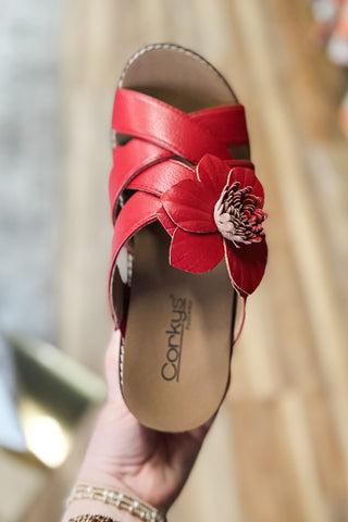 Corkys Footwear Heartbreaker Red Floral Embellishment Criss Cross Slide Wedge Slip On Sandals