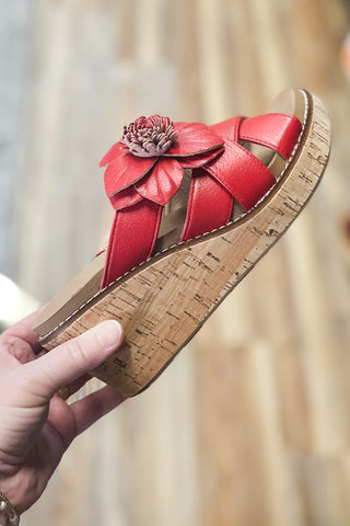 Corkys Footwear Heartbreaker Red Floral Embellishment Criss Cross Slide Wedge Slip On Sandals