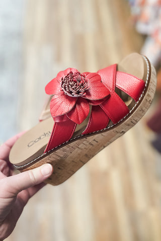 Corkys Footwear Heartbreaker Red Floral Embellishment Criss Cross Slide Wedge Slip On Sandals