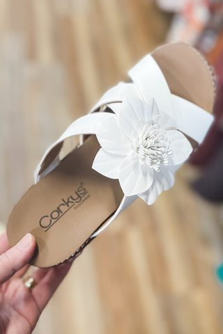 Corkys Footwear Heartbreaker White Floral Embellishment Criss Cross Slide Wedge Sandal with multicolor woven straw wrappend wedge heel