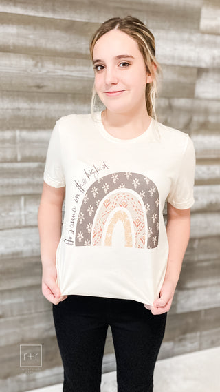 hosanna in the highest hand drawn patterned rainbow graphic tee