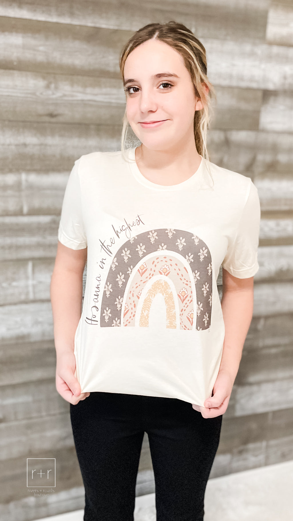hosanna in the highest hand drawn patterned rainbow graphic tee