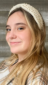 ivory knotted fashion headband with gold ball studs