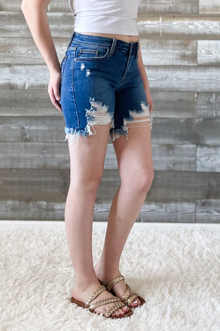 judy blue mid rise destroyed fray hem shorts in medium wash JB15280 MD