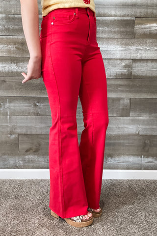judy blue denim high waist tummy control top garment dyed red flare jeans JB88833REG