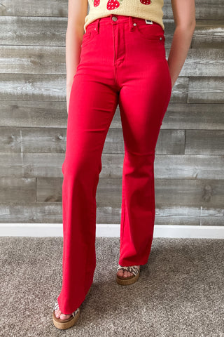judy blue denim high waist tummy control top garment dyed red flare jeans JB88833REG