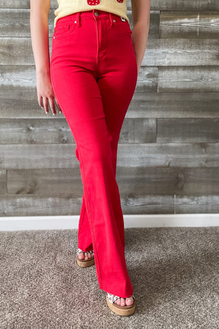 judy blue denim high waist tummy control top garment dyed red flare jeans JB88833REG
